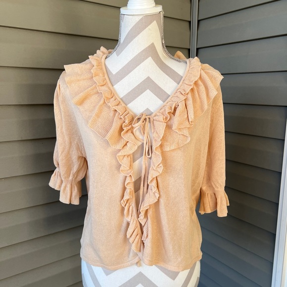 NWT!!  Zara Womens Beige Ruffle Short Puff Sleeve Open-Front Blouse Top Sz M - Picture 1 of 10